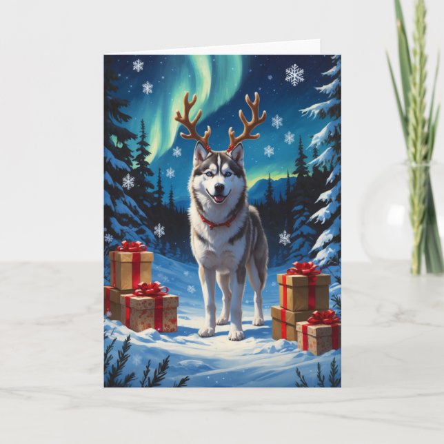 Festiv sibirisk husky med presenter Oljemålning Kort (Framsida)
