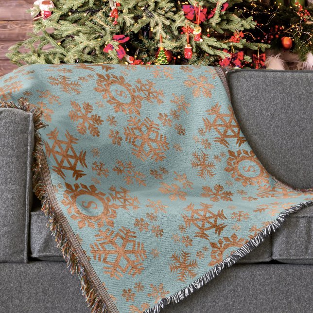 Festiv snöflake Monogrammed Blue Copper Brown Mysfilt (A lovely copper snowflake pattern on an robin egg blue background. Just add your initial)