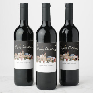 Festiv Snöig By Vattenfärg Jul Vin Vinflaska Etikett
