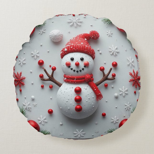 Festiv snöman med juldekorationer rund kudde (Framsidan)