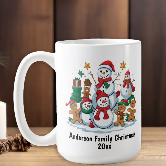 Festiv Snömanna Gingerbread Familj Jul År Kaffemugg (Snowman Family Name Christmas Mug)