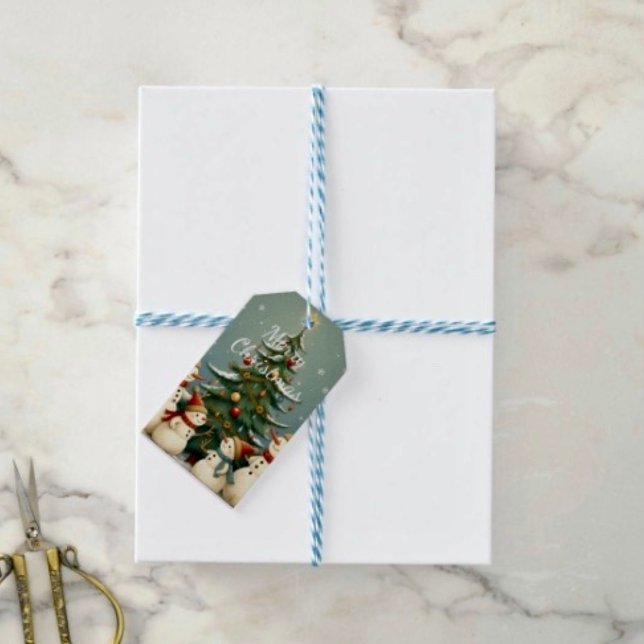 Festiv Snömannafamilj Julkollektion Presentetikett (Gift Tag. D: 3.5"l x 2”w.  Set of 10. Printed on 120lb, 18 point thick matte paper. Made in USA.
)