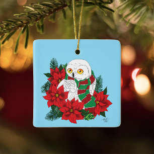 Festiv snöuggla röda julstjärnor julskärf julgransprydnad keramik