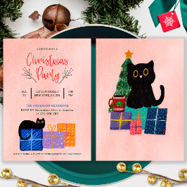 Festiv Söt Svart Katt Kaffe Rosa Julfest Julkort