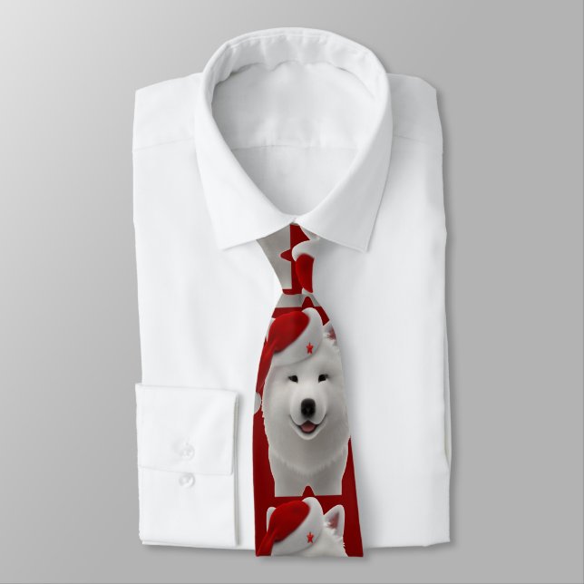 Festiv Söt Tecknad Stil Samoyed Hund Med Tomte Slips (Bunden)