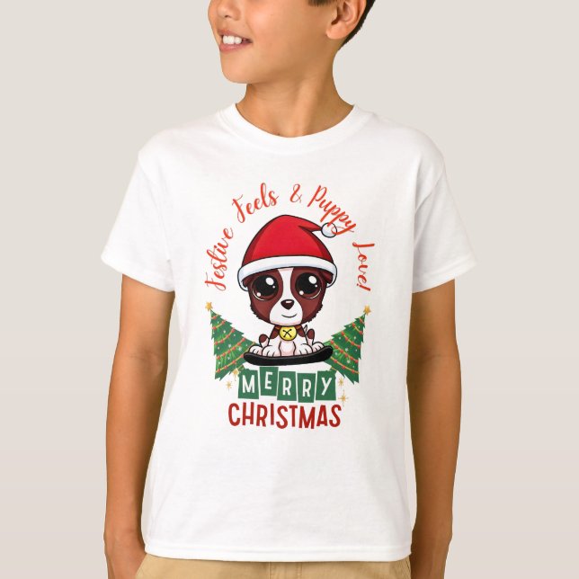 Festiv söt valp på släde julhelg barn t shirt (Framsida)