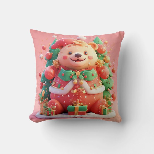 Festiv teddybjörn med presenter och julgran kudde (Framsida)