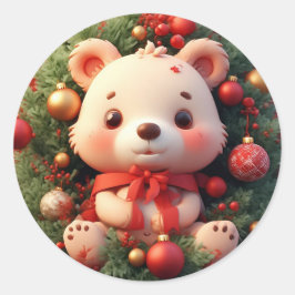 Festiv teddybjörn med presenter och julgran runt klistermärke