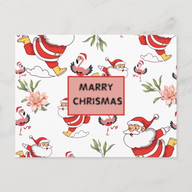 Festiv tomte, flamingo och rosa blommönster helg vykort (Framsida)