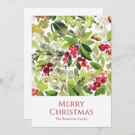 Festiv vattenfärg med julholberry och städsegrön julkort