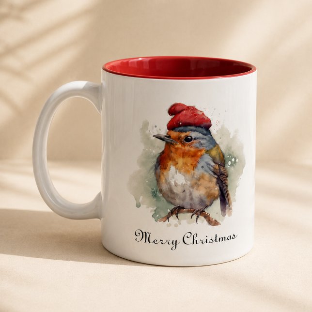 Festiv Vattenfärg Robin Julkaffekopp  Två-Tonad Mugg (Skapare uppladdad)