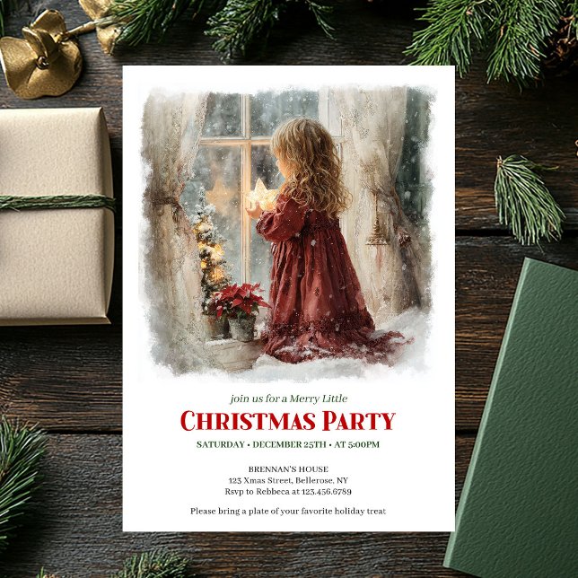 Festiv viktoriansk liten flicka som väntar på tomt inbjudningar (Festive Victorian Little Girl Awaiting Santa Editable Invite)