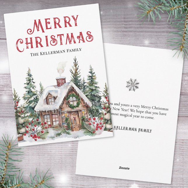 Festiv Vinter Röd Akvarell Jul Julkort (Festive Winter Cabin Watercolor Christmas Holiday Card )