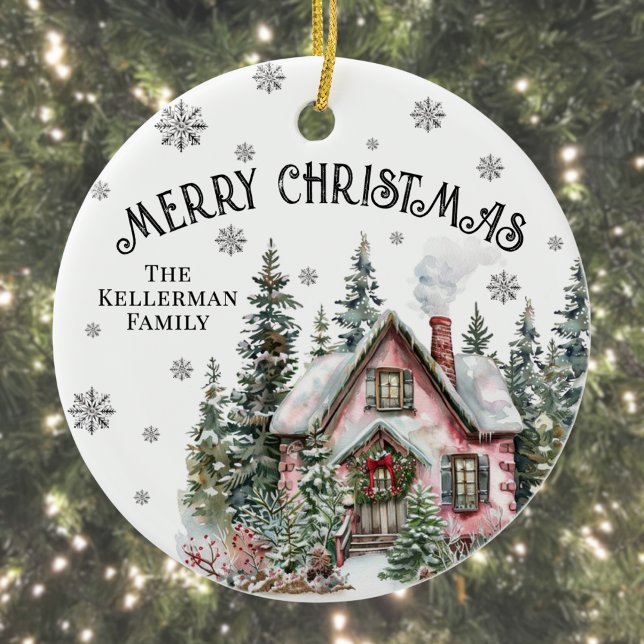 Festiv vinterstuga God Jul Julgransprydnad Keramik (Festive Winter Cabin Merry Christmas Ceramic Ornament )