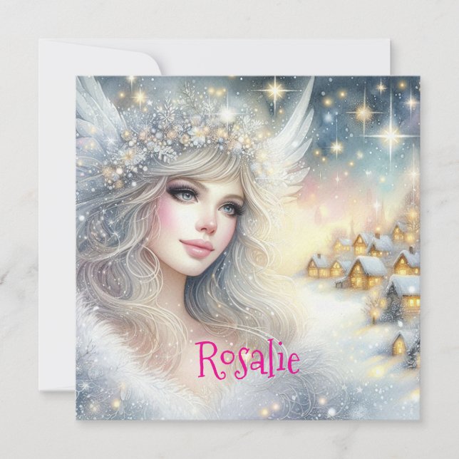 Festiv vit akvarell eterisk frost snöängel julkort (Framsida)