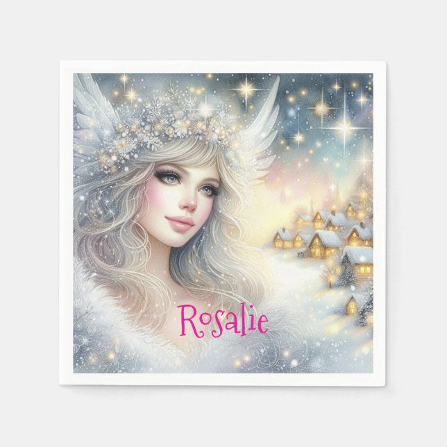 Festiv vit akvarell eterisk frost snöängel pappersservett (Framsidan)