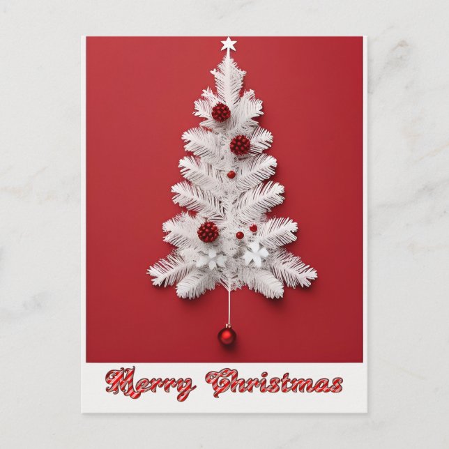 Festiv vit julgran röda dekorationer julstjärna vykort (Framsida)