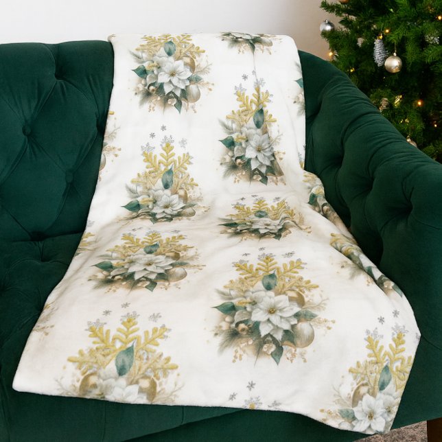 Festiv vit julpoängfläta filt (Elegant White Christmas fleece blanket with Gold snowflake and white poinsettia floral arrangement. )