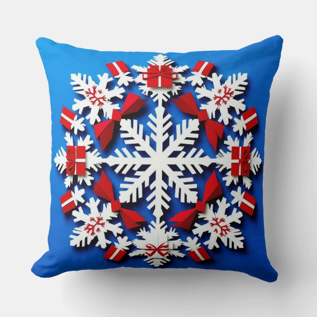 Festiv vit snöflinga med röd present kudde (Framsida)