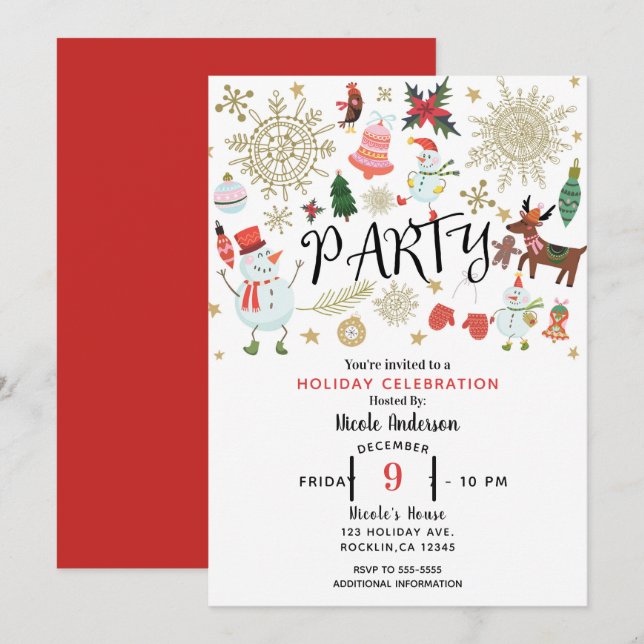Festiv Whimsical Söt Jul Holiday Party Inbjudningar (Fram/baksida)