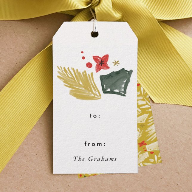 Festiva botaniska Juletiketter Presentetikett (Festive botanical chartreuse golden watercolor Christmas gift tag.)