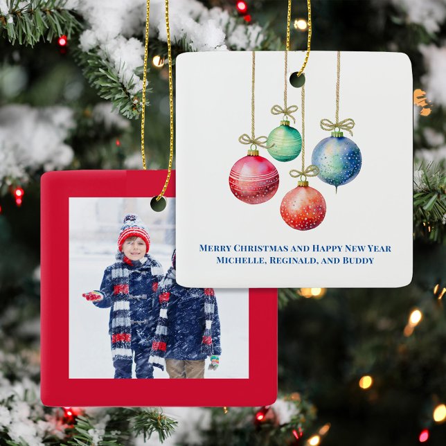 Festiva färgglada juldekorationer anpassade foton (Christmas Photo Ornaments with cute watercolor colorful ornaments.)