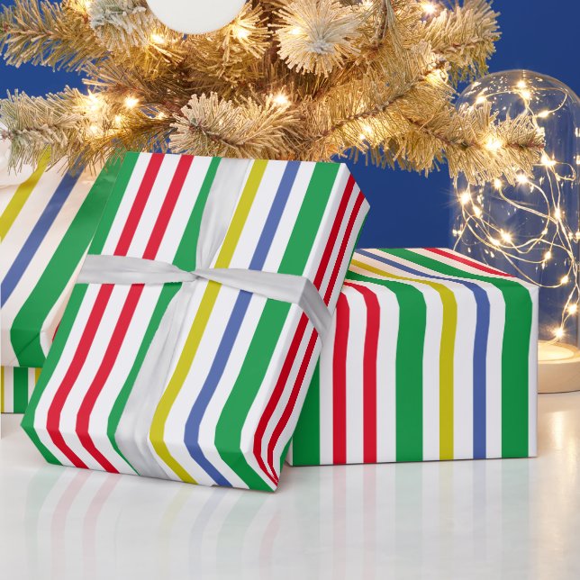 Festiva gröna röda guld blå vertikala ränder presentpapper (Helgdagar)