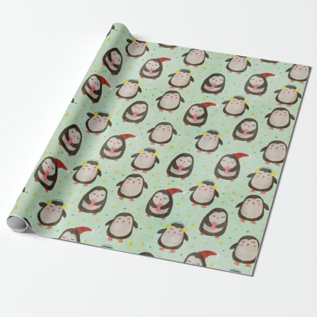 Festiva Handritade Pingviner Julhatt Mint Presentpapper (Utrullad)