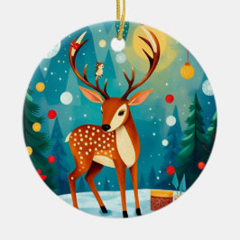 Festiva hjortar i en snöig skog julgransprydnad keramik