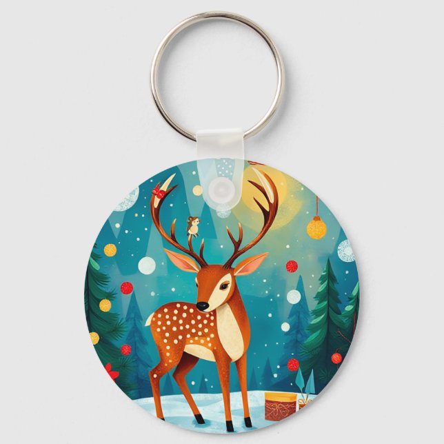Festiva hjortar i en snöig skog nyckelring (Framsida)