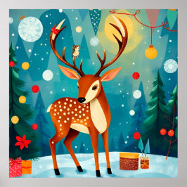 Festiva hjortar i en snöig skog poster