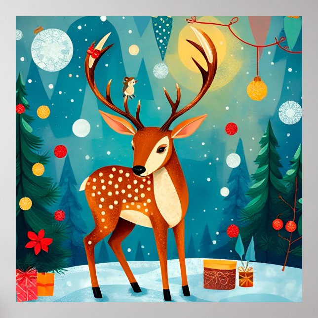 Festiva hjortar i en snöig skog poster (Framsidan)