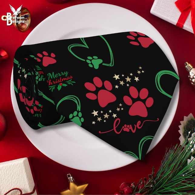 Festiva HUNDHUVUD TRYCK och KÄRLEKSHJÄRTAN Jul Slips (Merry Christmas festive dog paw print tie for proud dog dad.)