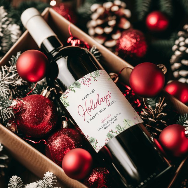 Festiva julgröna typsnittaffärer vinflaska etikett (Festive Holiday Greenery Script Business Wine Label)