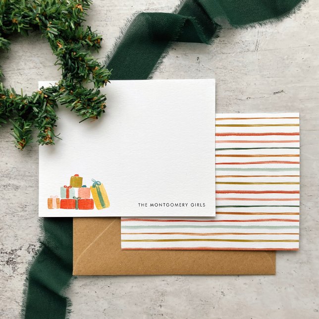 Festiva moderna vattenfärg julklappar semester anteckningskort (Watercolor Christmas presents note cards with colorful stripes on the back. Great holiday gift idea!)