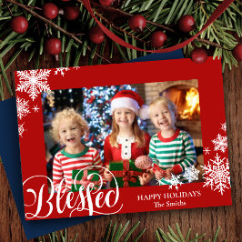 Festiva röda snöflingor Modern script Enkel foto Julkort