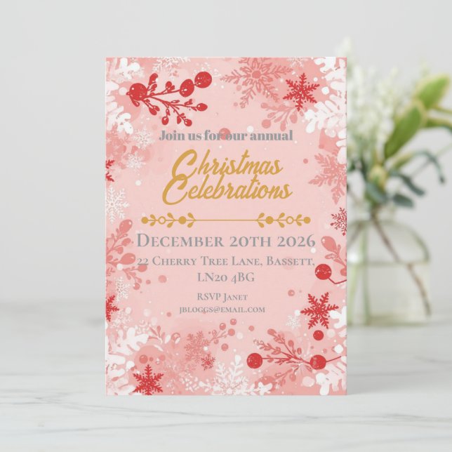 Festiva snöflingor vita och rosa inbjudningar (Stående Fram)