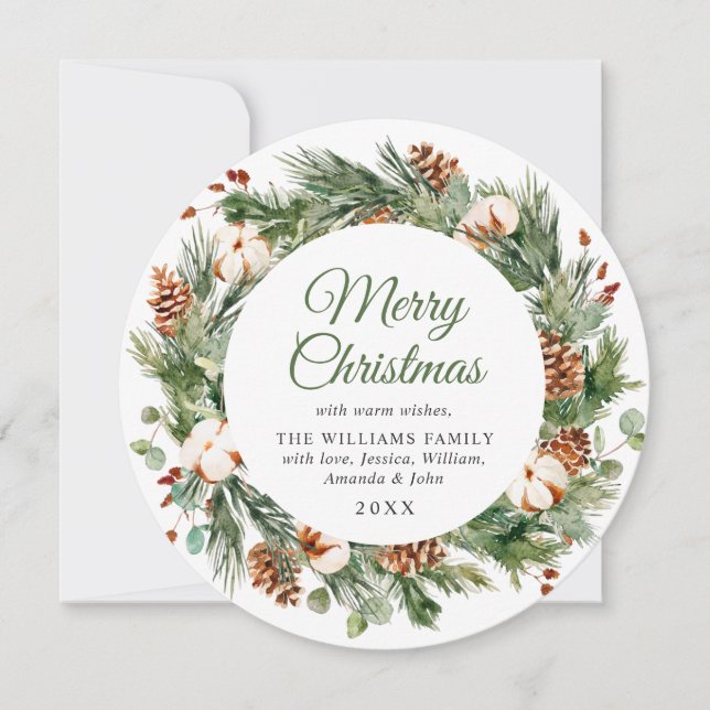 Festiva tallkottar gran krans julhälsning julkort (Framsida)