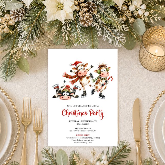 Festiva Whimsicala Kor Röd Grön Julfest  Inbjudningar (Festive Whimsical Cows Red Green Christmas Party Invite

)