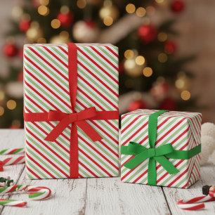 Festiva Xmas röda gröna vita diagonala ränder Presentpapper