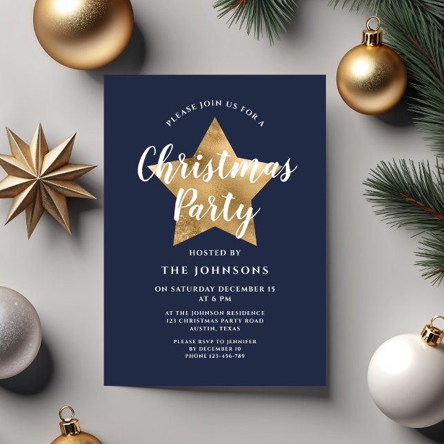 Festival blå-guld stjärna julfest inbjudningar (Festive Navy Blue Gold Star Christmas Party Invitation)