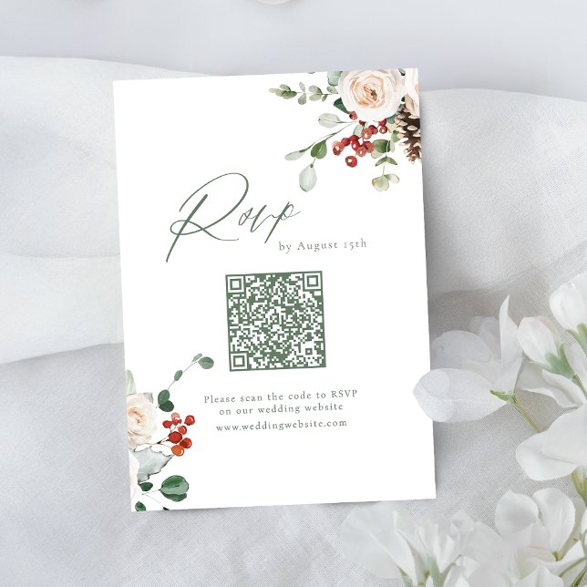 Festival blomster högtidlig vinter bröllop QR-kod OSA Kort (Festive Floral Holiday Winter Wedding QR code RSVP Card)