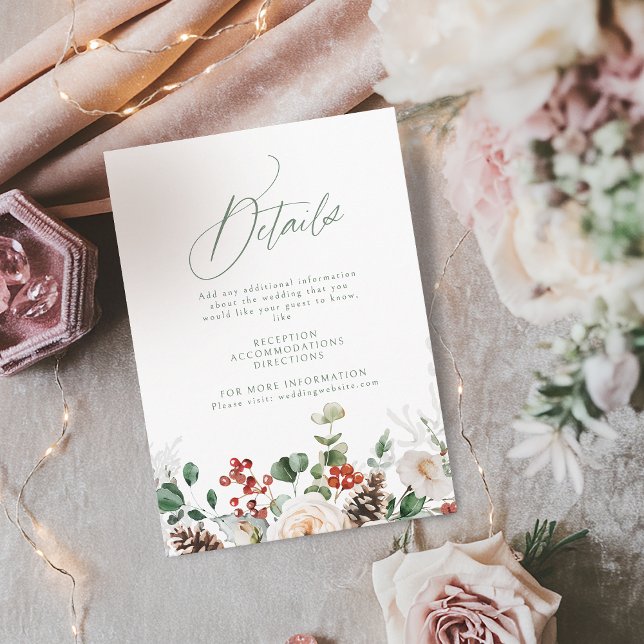 Festival blomster höst vinter bröllopps detaljer tilläggskort (Festive Floral Holiday Winter Wedding Details Enclosure Card)