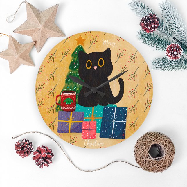 Festival Orange God Jul Svart Katt Kaffe Stor Klocka (Skapare uppladdad)