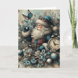 Festivaliserad Vintage-Inspirerad Blommig Tomte Ju Helgkort