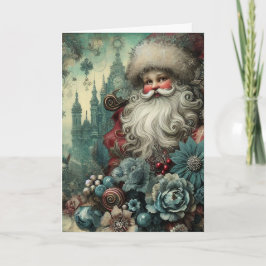 Festivaliserad Vintage-Inspirerad Blommig Tomte Ju Helgkort