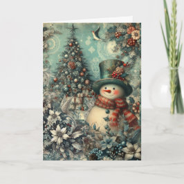 Festivalisk gammal inspirerad blomster snöman jul helgkort