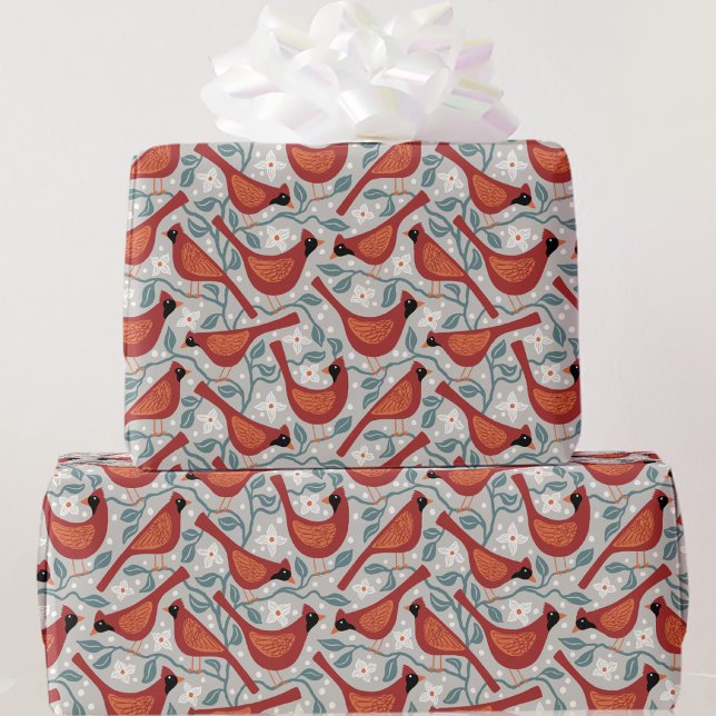 Festivalisk Kardinalfågel Akvarell Presentpapper (Festive Red Cardinal birds Christmas Holidays gift wrapping paper roll)