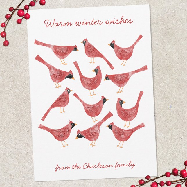 Festivalisk Kardinalfågel Vattenfärgspersonaliseri Julkort (Fun red and white watercolor Cardinal bird personalized Christmas Holiday card)