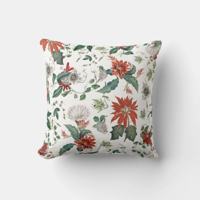 Festivaliska botaniska röda blommor gröna blad kudde (Framsida)